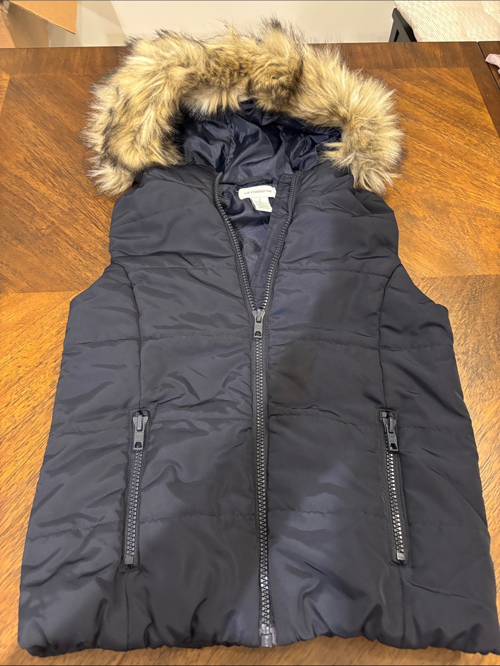 Liz Claiborne Navy Sleeveless Puffer Vest with Faux Fur Trim Hood